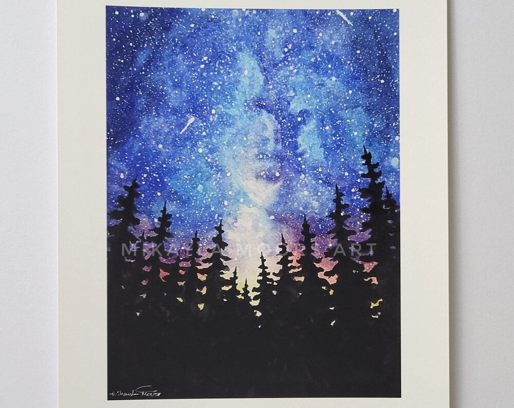 Watercolor Milky Way & Trees Fine Art Giclee Print